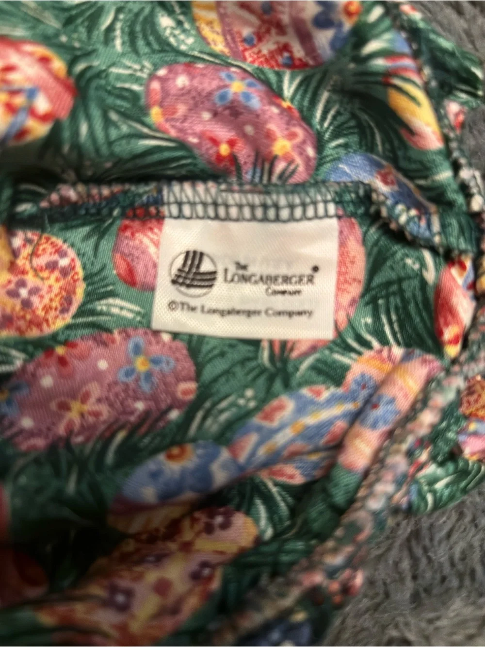 Longaberger Green Fabric Basket Liner with Multicolored Easter Egg Print